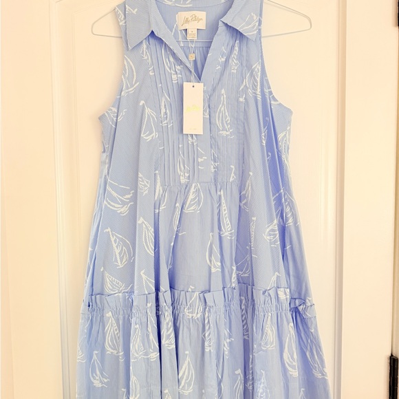 Lilly Pulitzer Blue and White Sailboat Tiered Sleeveless Dress - Picture 3 of 7